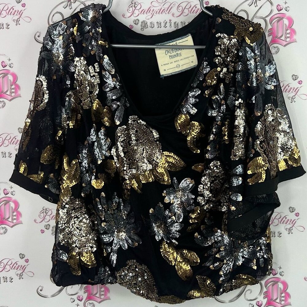 California moonrise top embroidered fully sequins Black Sequin Floral Blouse